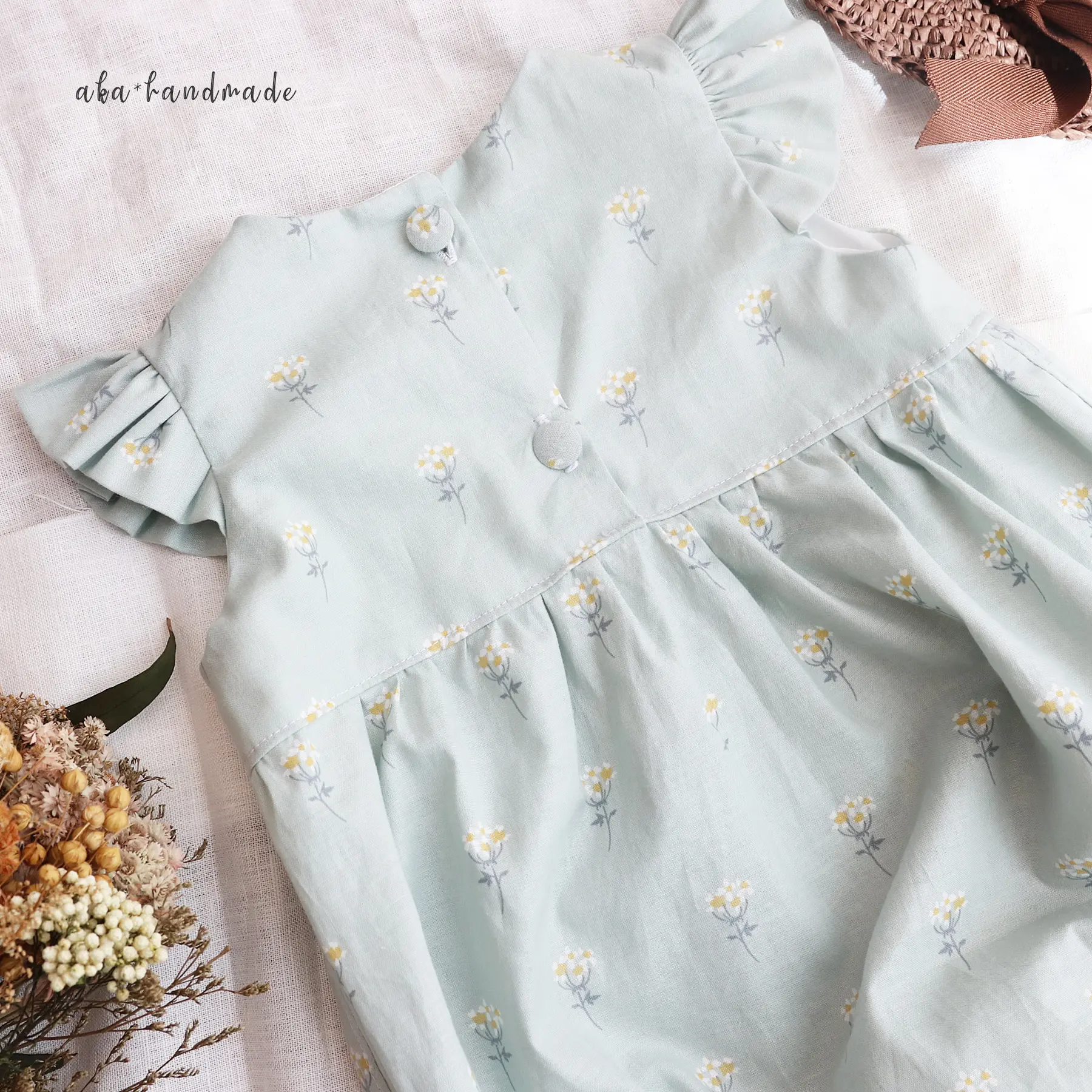 花柄フリル ロンパース【ブルーグリーン】 | aka＊handmade shop＊